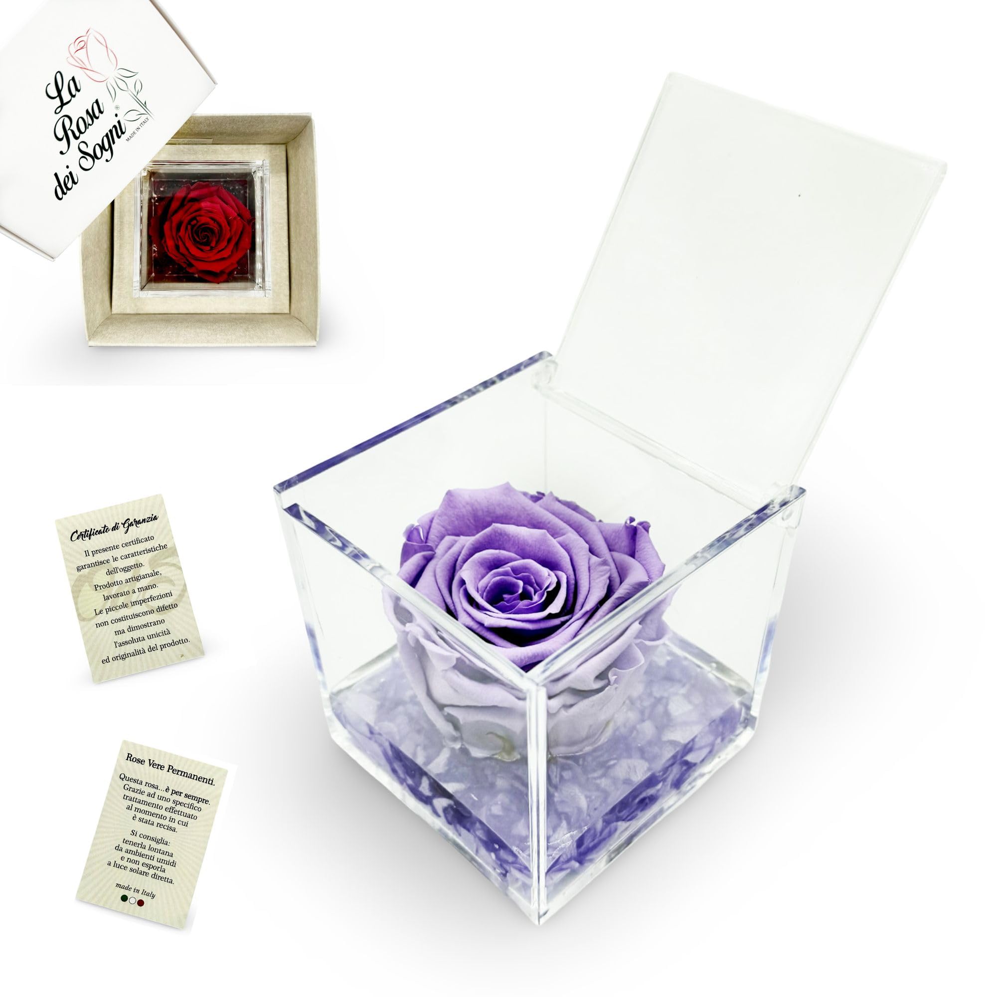 La Rosa dei SogniRosa stabilizzata profumata in Cubo Trasparente - Confezione Regalo Elegante - Durata 5-7 Anni - Made in Italy - 8x8 cm (Lilla)