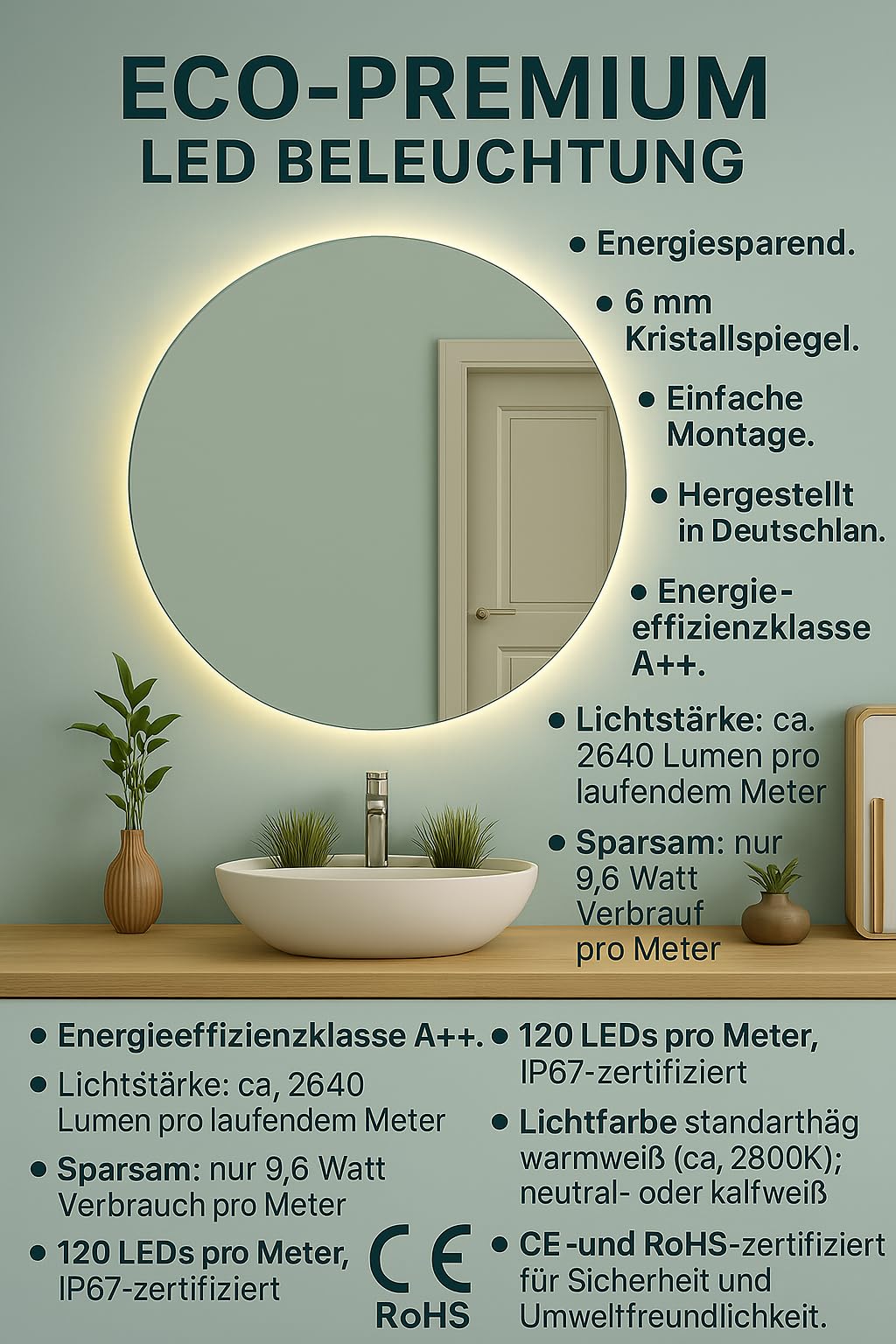 SARAR Runder Badspiegel Spiegel Badezimmerspiegel mit indirekter rundum LED-Beleuchtung 120cm Made in Germany Wandspiegel Mirror Spiegel Bad mit Licht Designo MAR113