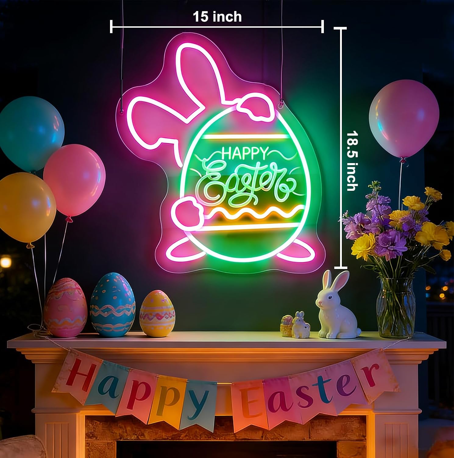Easter Bunny Egg Neon Signs for Wall Decorations, LED Happy Easter Rabbit Gifts Light Sign Wall Art USB Dimmable, Colorful Neon Window Lights for Bedroom Door Office Bar Spring Party Church Yard