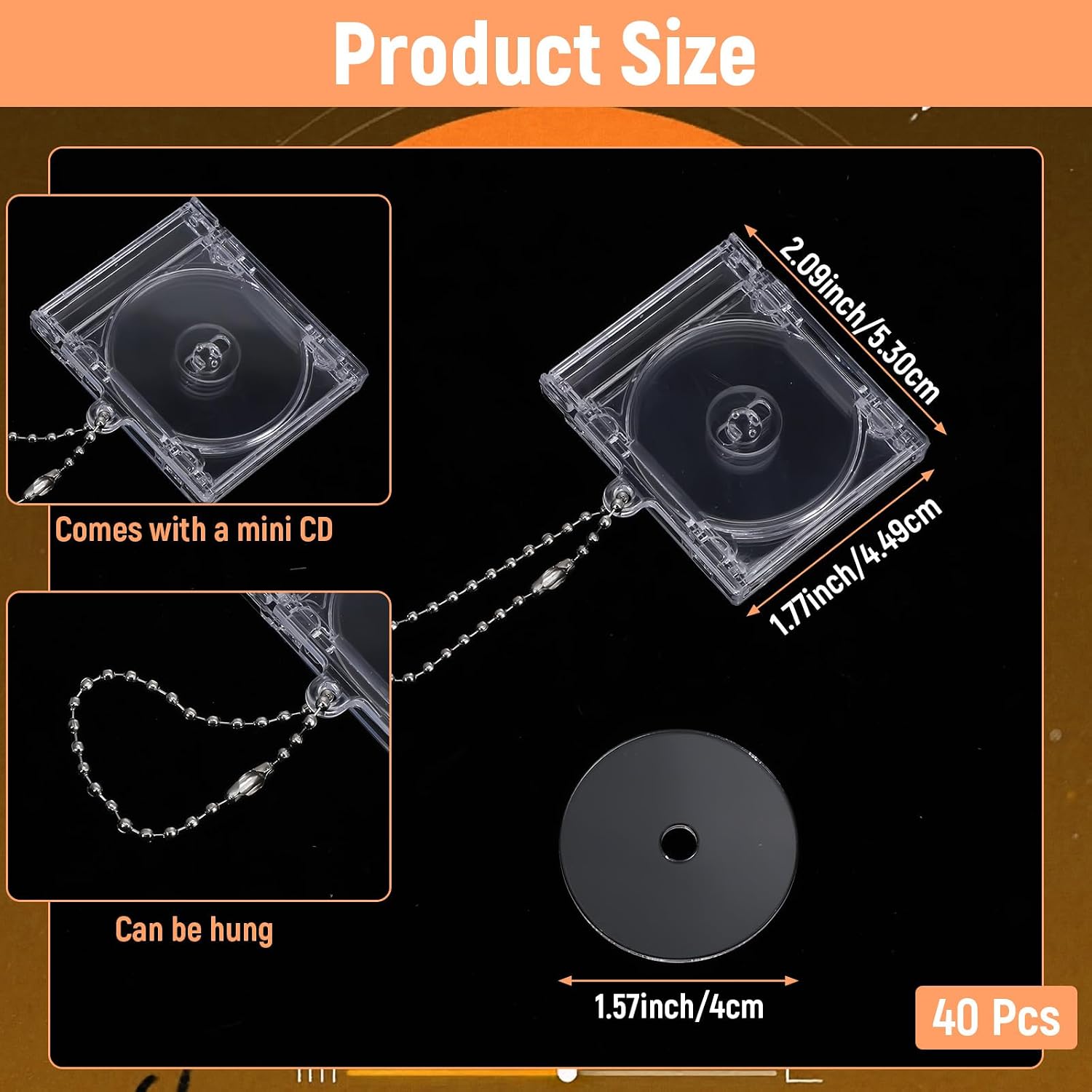 40 Pcs Mini Cd Keychain Album Cases with Mini CD, Plastic Cd Cases Clear DVD Cover Bulk DVD Jewel Keyring Music Blank Mini Compact Disc Holder Pendant Personalized for DIY Backpack Hanging Decor Gifts