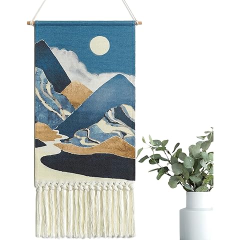 Alynsehom Macrame Woven Wall Hanging Tapestry Boho Wall Art Moon Mountain Chic Home Decor Bohemian Aztec Apartment Dorm Room Backdrop Decoration (Blue)