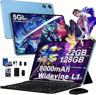 2026 Tablette 10 Pouces Android, 128Go ROM(TF 2To)+ 22Go RAM , 5G WiFi Octa-Core 2.0GHz, 8000mAh, GPS, Gemini AI tablette, 5+8MP,Bluetooth 5.0,Widevine L1, Tablette Tactile avec Clavier+Souris（Bleu ）