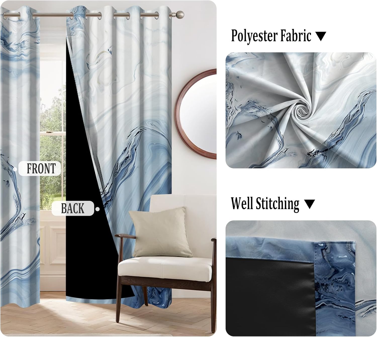 Renaiss Blue Marble Blackout Curtains for Bedroom Abstract Fluid Texture Printed Window Curtain Modern Luxury Crack Art Thermal Insulated Drapes for Living Room Decor 2 Panels Set, 42x63 Inch