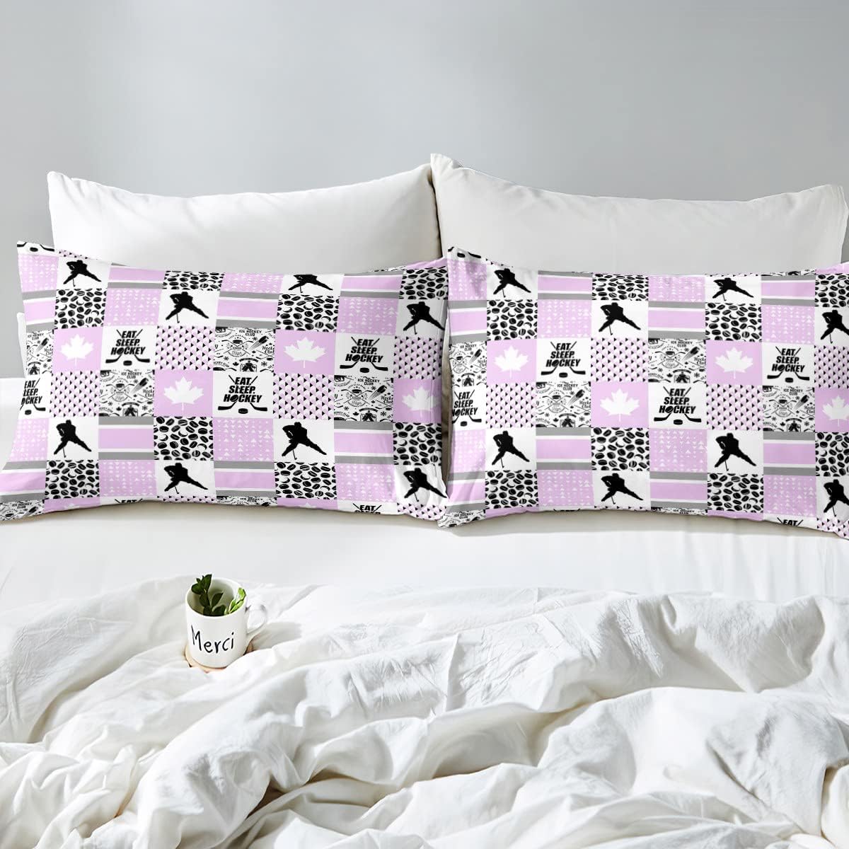 Ice Hockey Bedding Set Buffalo Plaid Decor,Pucks Sports Ball Games Duvet Cover Twin Gifts for Girls,Extreme Sport Comforter Cover for Hockey Player,Maple Leaf Quilt Cover Canadian Flag Decor Pink image 4