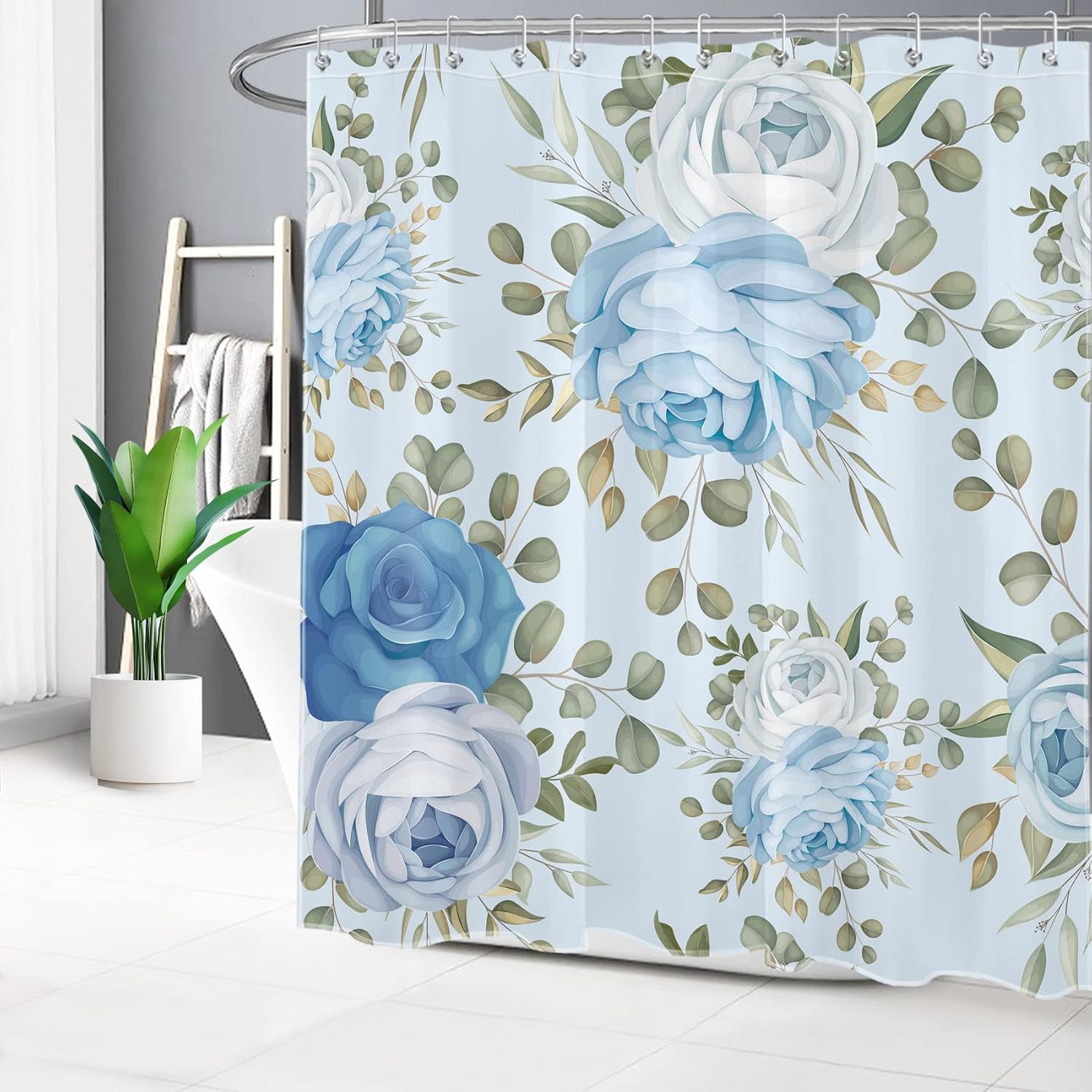 HVEST Floral Shower Curtain with Bathroom Rugs Blue Flower Plant and Green Eucalyptus Leaf Shower Curtain and Bath Mat Bathroom Polyester Fabric Shower Curtain Set, 70X70 inches