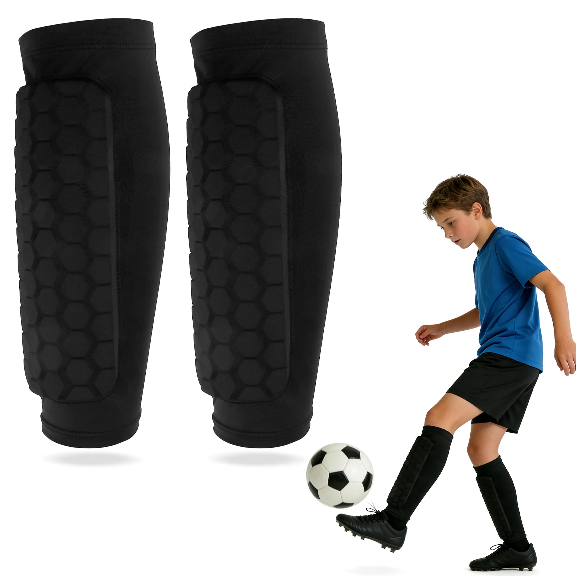 Football Shin Pads Guards for Boys Girls Teens, Ski Shin Guards Shin Protector with Honeycomb Pads, Shin Defender Calf Compression Sleeves for Soccer Joga (XL)