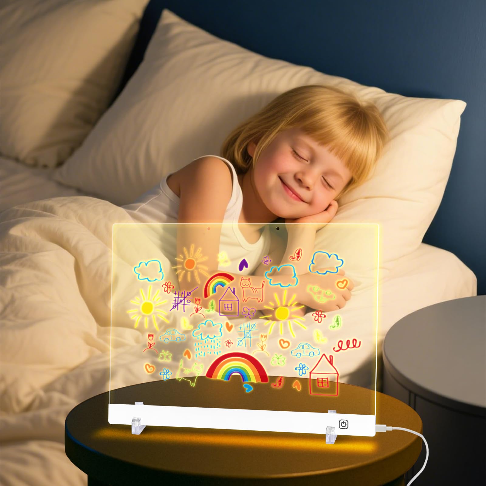 Tablero de dibujo LED para niños, tablero de notas LED con colores (pizarra acrílica de borrado en seco con luz y soporte integrado, regalo para niñas/adolescentes) (blanco 9.8 x 13.8 7