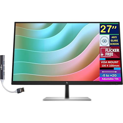 HP 27" 4K UHD IPS USB-C Monitor with 5ms Response Time, Anti Glare, 350 nits Brightness, Flicker Free, VESA Mount (100mm), Displayport, HDMI & Dockztorm USB Port Expander, Black/Silver Color
