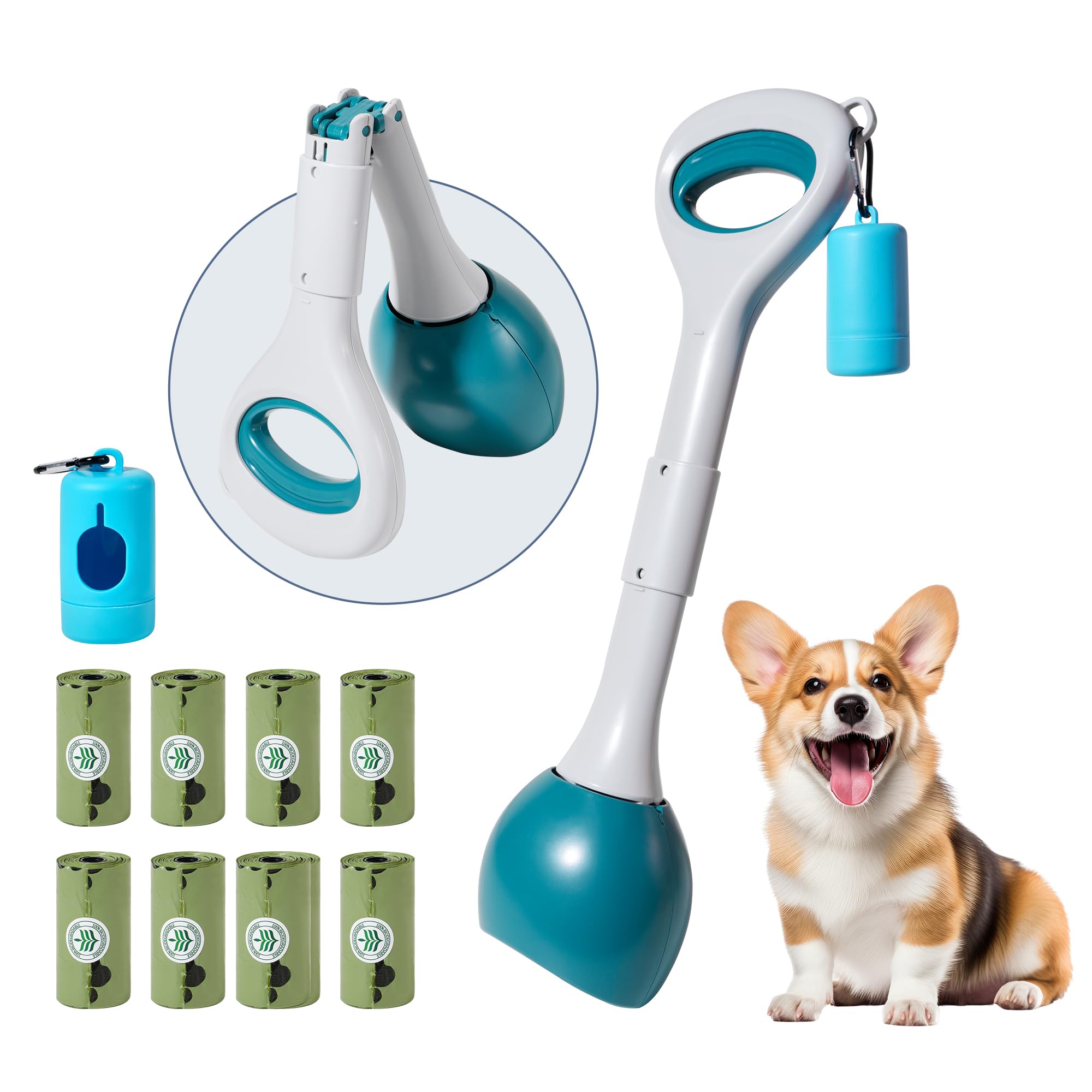 Dog Pooper Scooper Portable with Bag Attachment, One Handed Foldable Design, Includes 120 Waste Bags and Dispenser, 19 Inch Handle for Grass Yard Gravel Cleanup (Green)