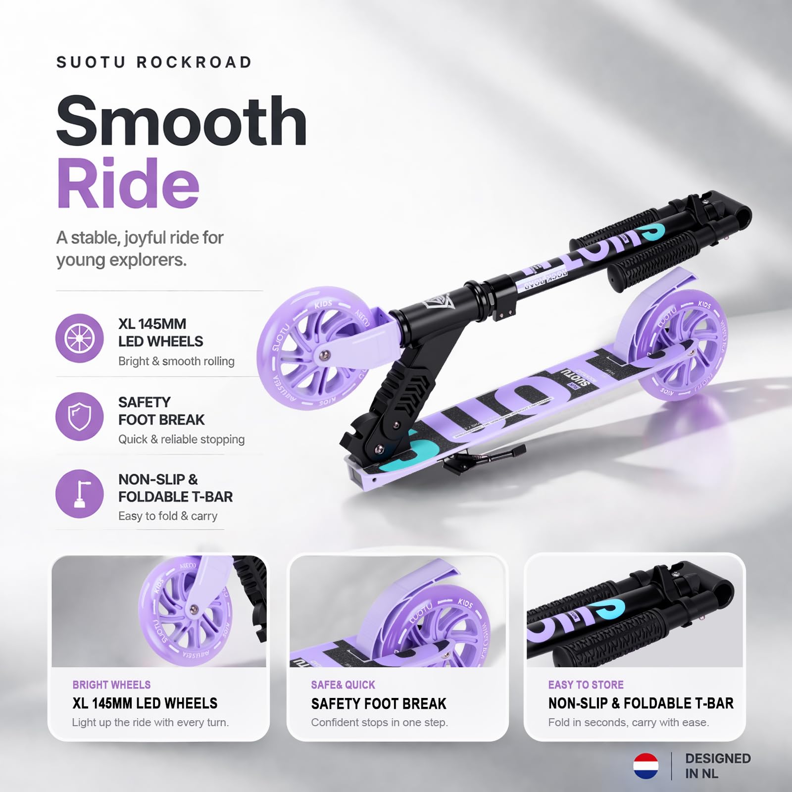 Trottinette pour Enfants avec Roue Lumineuse de 145 mm, Charge Max: 100 kg, Pliable, Hauteur Réglable, Scooter pour Garçons et Filles de 3 à 12 Ans, Aluminium