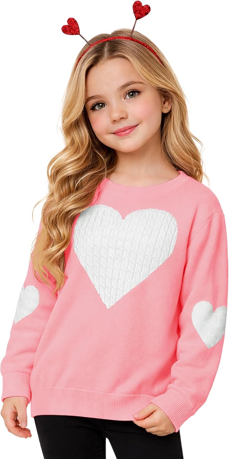 Girls Valentine Sweater Kids Long Sleeve Cute Heart Winter Holiday Knit Pullover 5-14 Years
