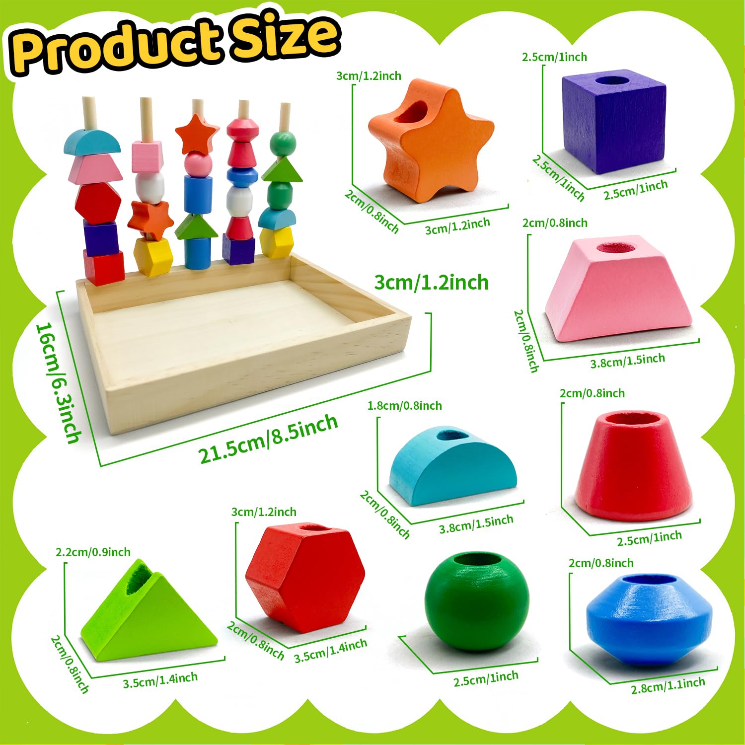 Yeefunjoy Montessori Drewniane zabawki dla dzieci w wieku 2, 3 i 4 lat, drewniane koraliki do nawlekania, klocki do układania, podróżna gra edukacyjna dla małych dzieci, prezent dla przedszkolaków