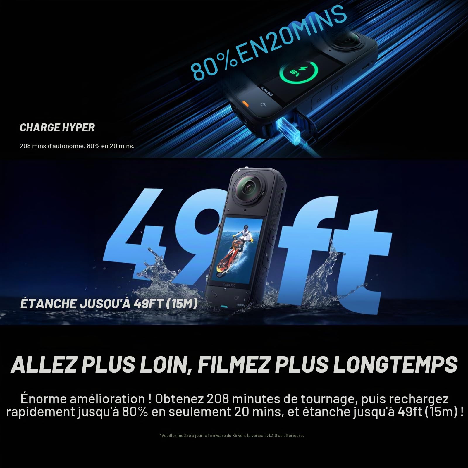 Insta360 X5 - Caméra 360 8K, Perche à Selfie Invisible, qualité Premium Jour et Nuit, objectifs Robustes & remplaçables, Appareil Photo vidéo étanche, dashcam, pour vlog, Moto (Reconditionné)