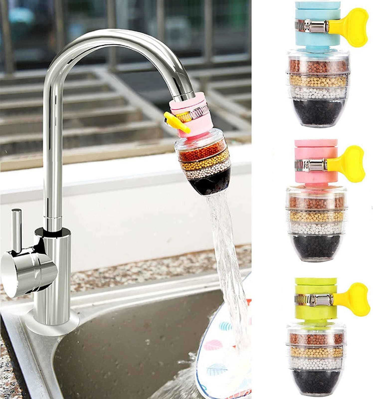 Excefore 3 Pack Activated Carbon Faucet Water Filters Universal Interface Home Kitchen Faucet Tap Water Clean Purifier Filter Cartridge Six Layer Water Filter