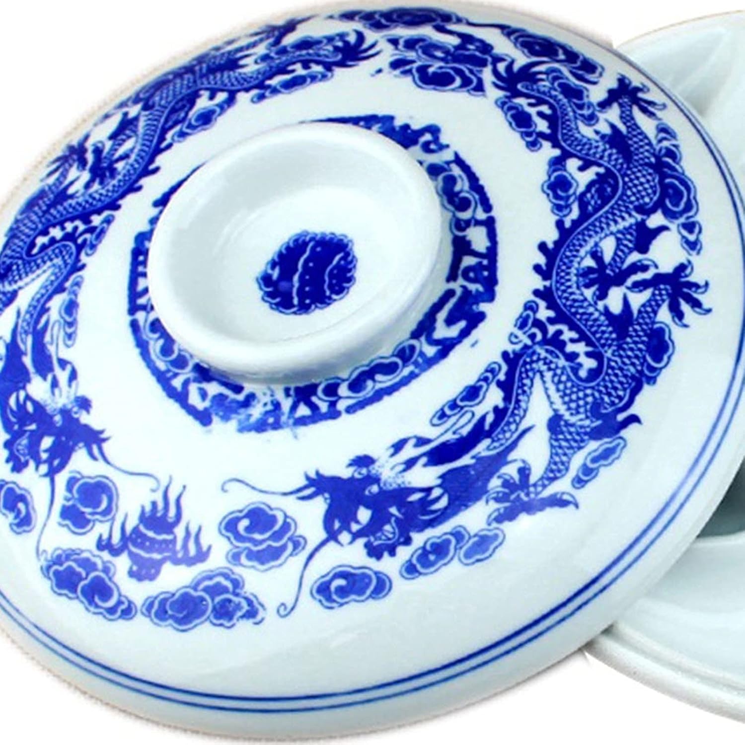 Palette de couleurs en céramique avec couvercle pour encre de calligraphie, boîte de peinture à 7 compartiments Motif dragon bleu et blanc