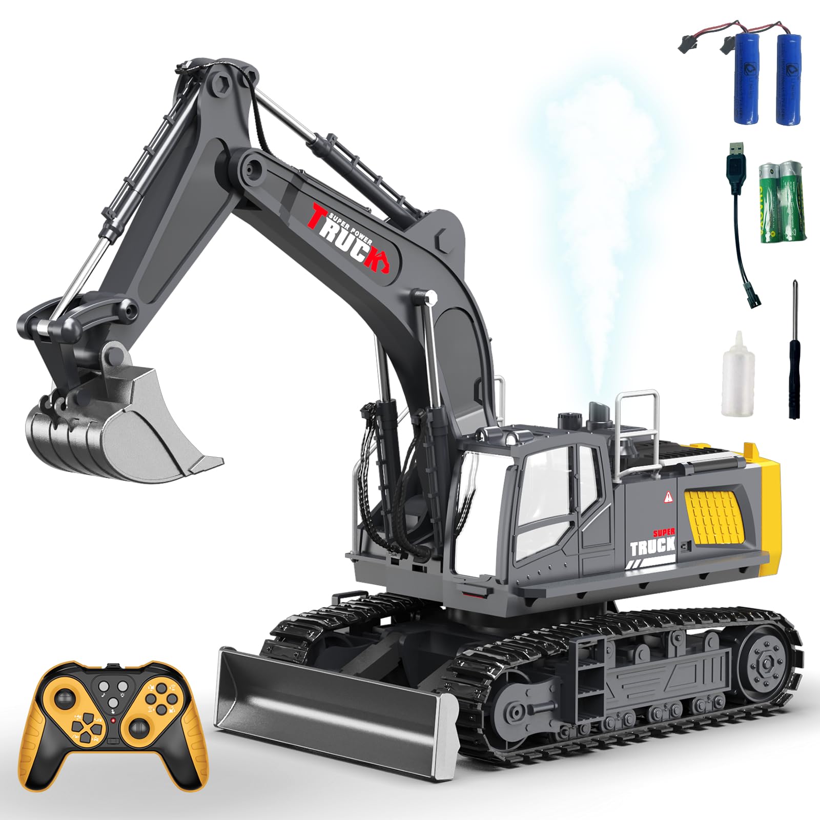 1:12 Escala 15 Canales Gran Excavadora teledirigida para niños, excavadoras radiocontroladas, con luces, sonido de funcionamiento, pala metálica, demo de un toque, pulverización simulada, 680°