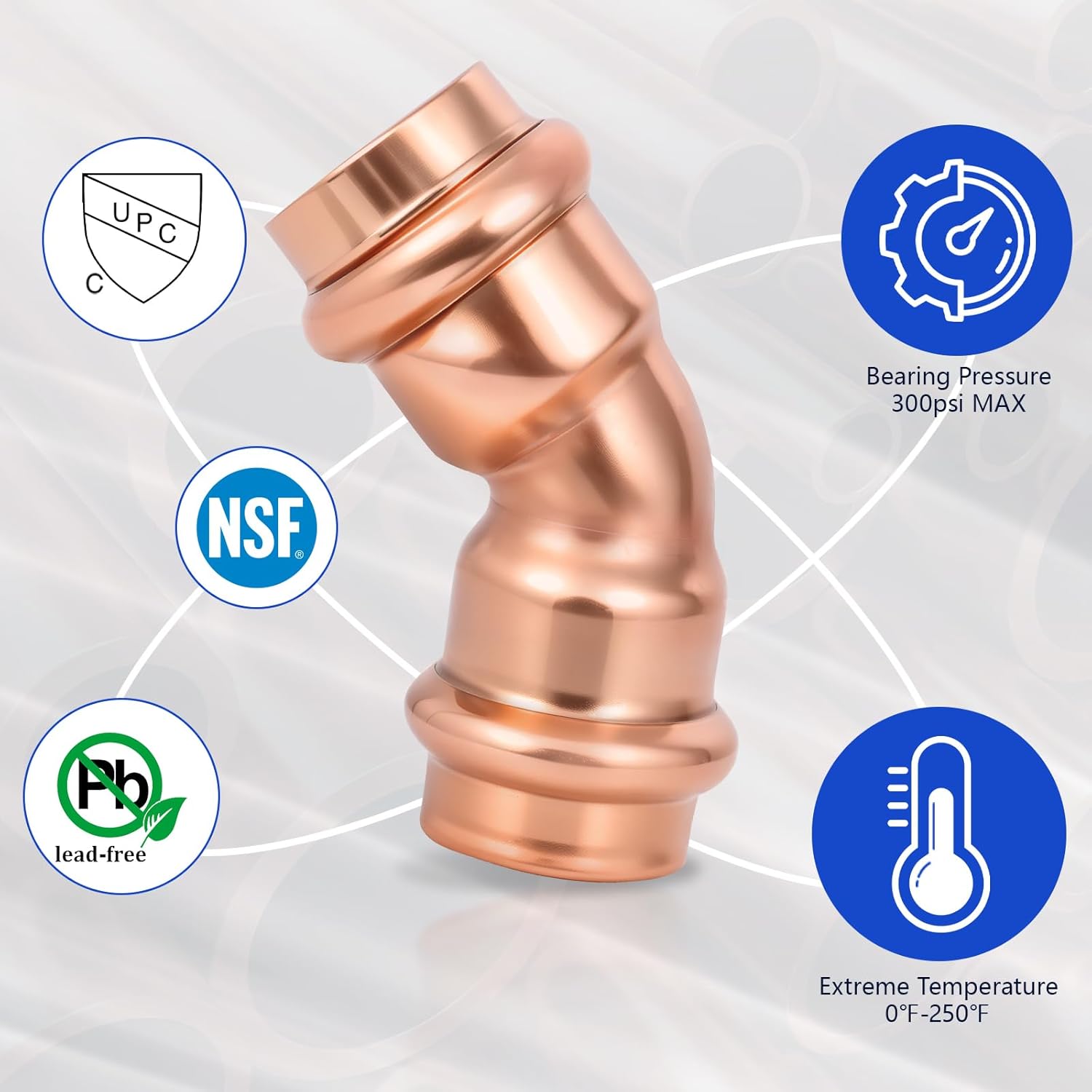 Copper Press Fittings 1/2 Inch 45-Degree Elbow, No-Lead Plumbing Pipe Connector | Compatible with Copper Pipes, Water Supply & Hydronic Heating Systems | Durable Press Fit Design, 10-Pack