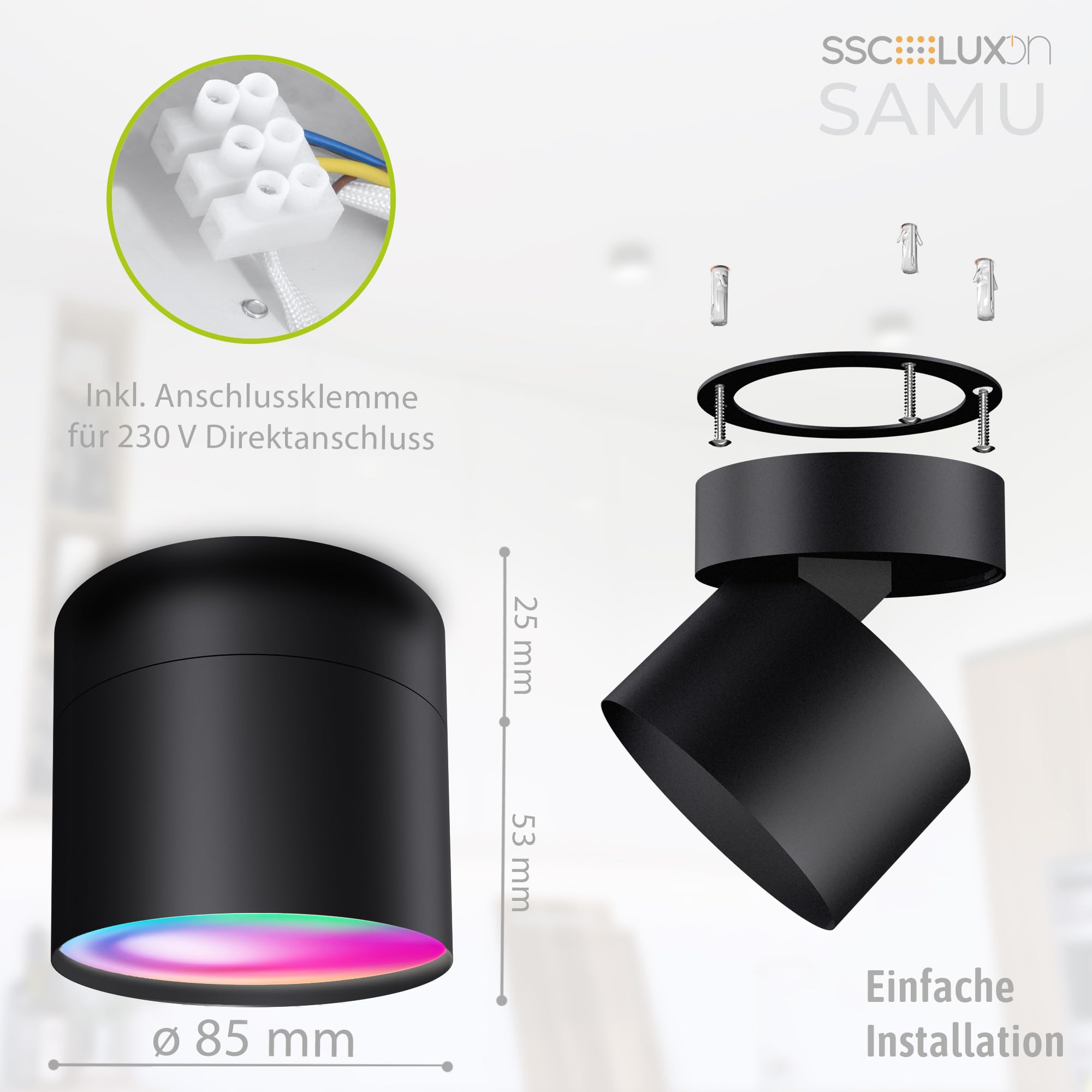 SSC-LUXon 4er Set SAMU Decken Aufbauspot schwarz schwenkbar - mit 4 Smart GX53 LED 6W RGB CCT WLAN - kompatibel mit Alexa, Siri & Google