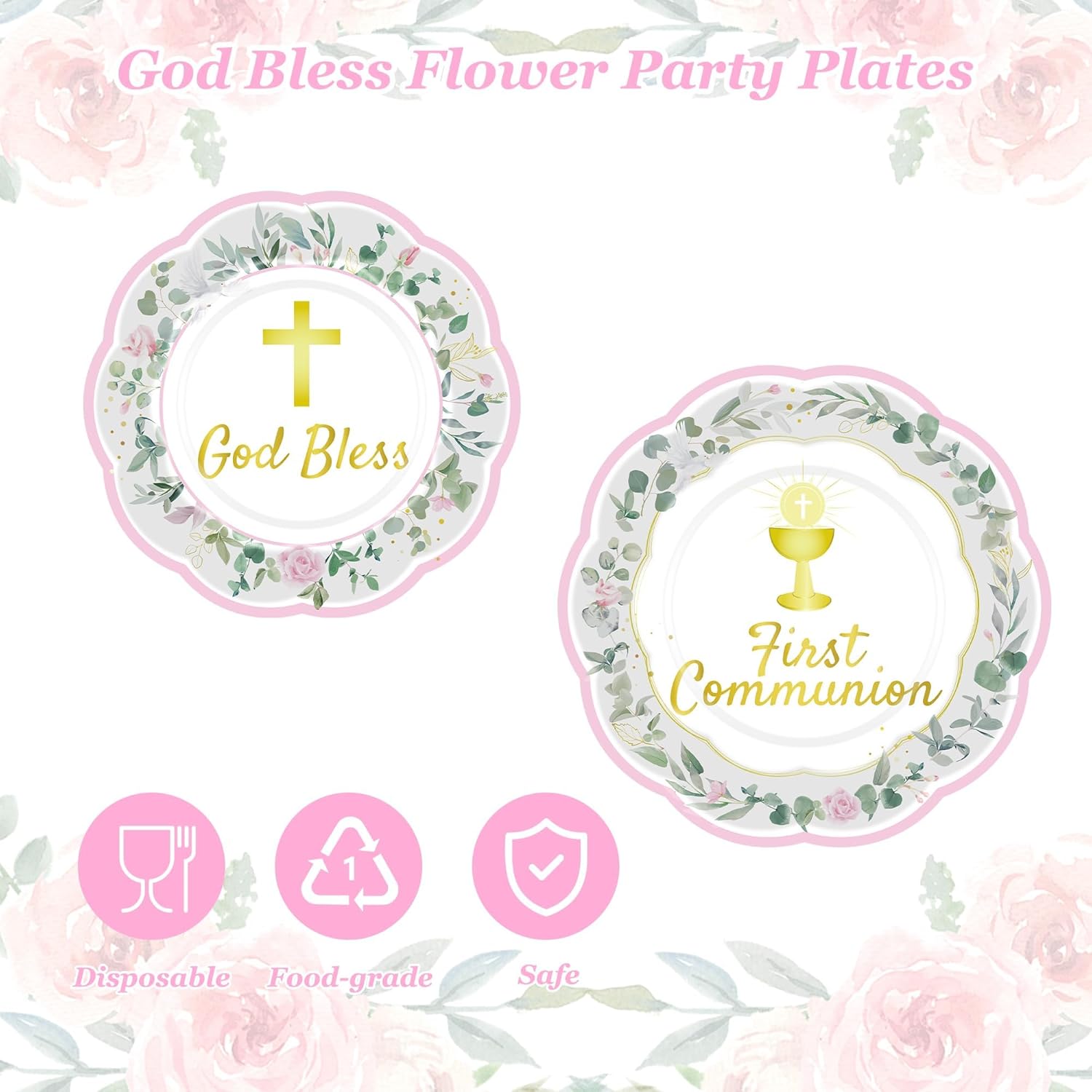Kochorie 175 Pieces First Communion Decorations Disposable Pink First Communion Paper Plates and Napkins for Holy God Bless Party Supplies Baptism Christening Decoration, Serves 25 Guests