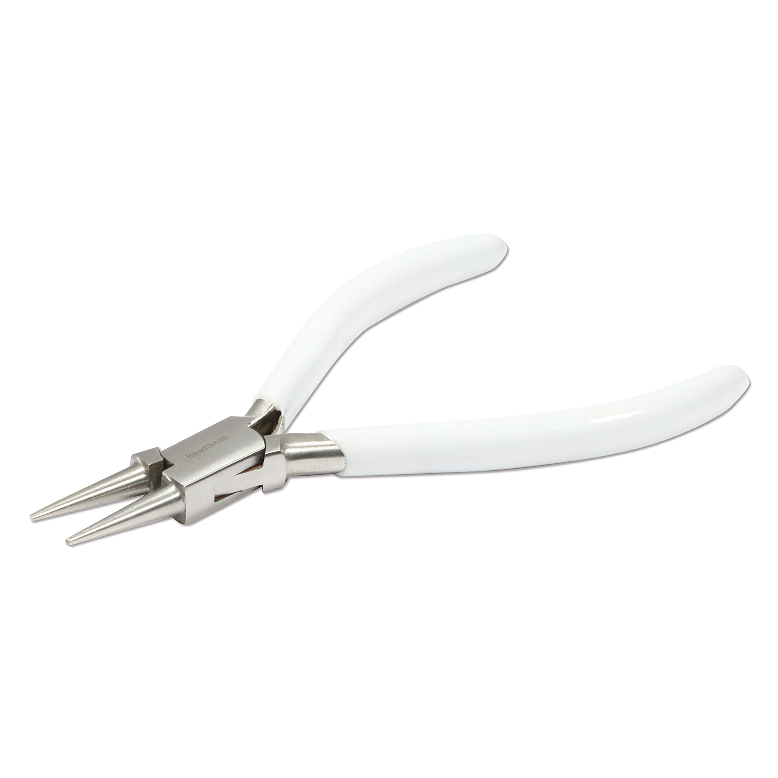 The Beadsmith - Pinza a becco rotondo da 130 mm, con testa in acciaio lucido, impugnatura comoda in PVC bianco e manico a molla a doppia foglia, strumento per la creazione di gioielli, serie 300