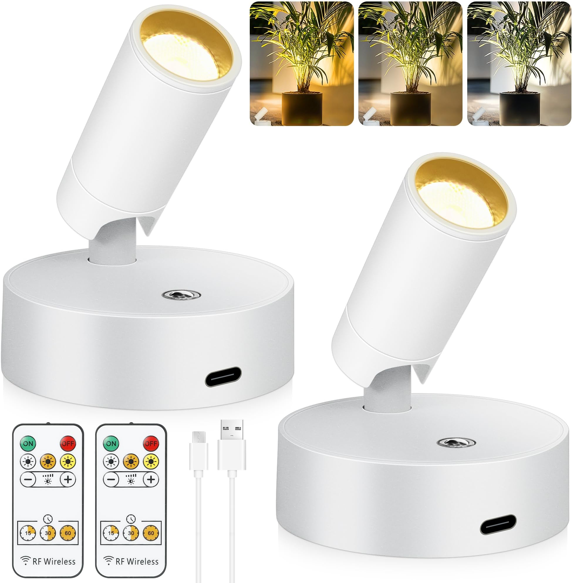 2 Pack Wireless LED Spot Lights Indoor Battery Operated with Remote, Rechargeable Up Lights Indoor with Timer＆Dimmable, 3CCT Picture Lights for Wall, SpotLights Accent Uplighting for Plant -White