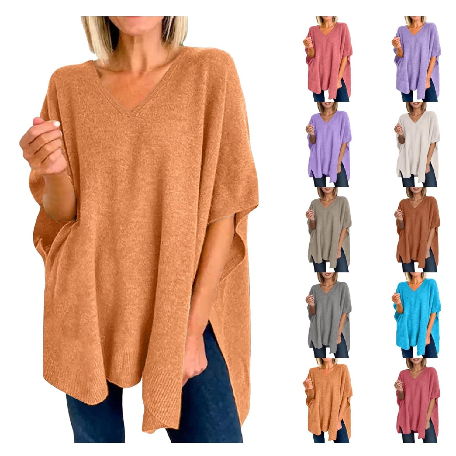 JiXiang Poncho Sweater Women V Neck Batwing Sleeveless Pullover Lightweight Knitted Shawl Wrap Baggy Winter Long Tunic Tops