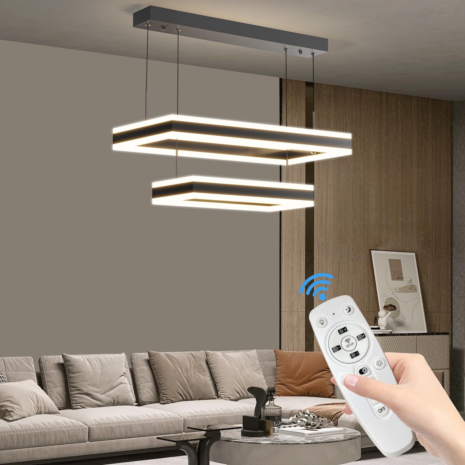 Mikeru 3000k/4500k/6500k LED Dimmable Dining Room Pendant Light, Modern 2 Tier Rectangular Kitchen Island Pendant Light, Height Adjustable 1.5M Ceiling Pendant for Living Room, Bedroom, Office