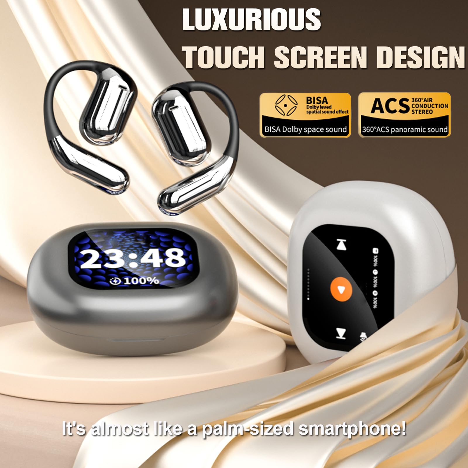 Wireless Bluetooth Touch Screen Active Noise Cancelling Earbuds Open Ear Air Conduction Sports Headphones for Runners Bluetooth ANC Running Earphones Over Ear with Screen On Case for iPhone Android - Image 2