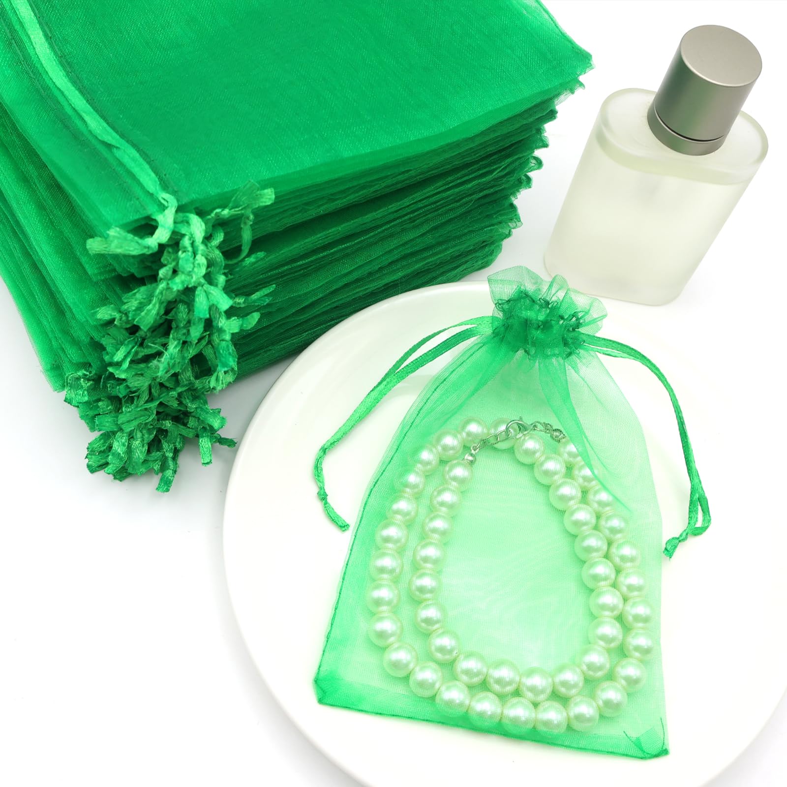 100 stuks champagneroze organza geschenkzakjes, 7 x 9 cm kleine organza gunstzakjes, trouwsieraden zakjes met trekkoord, mesh snoepzakje voor feest, zoete zakjes voor verjaardag, bruiloft, Kerstmis