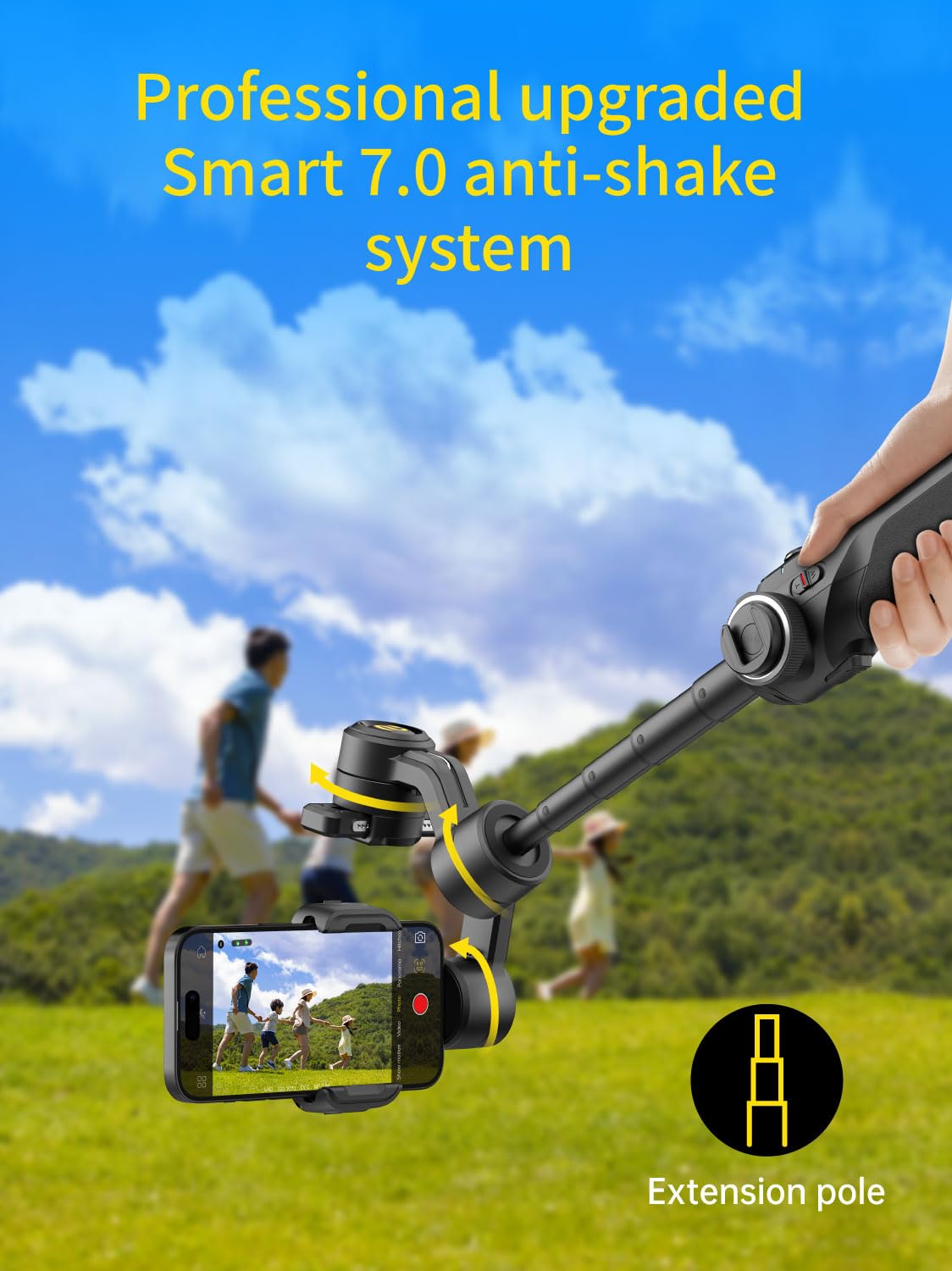 AOCHUAN Gimbal Stabilizer for Smartphone, Phone Gimbal w/8" Extension Rod, Profession 3-Axis Stabilizer w/RGB Magnetic Fill Light for Video Recording, Compatible w/iPhone/Andriod-: Smart S2