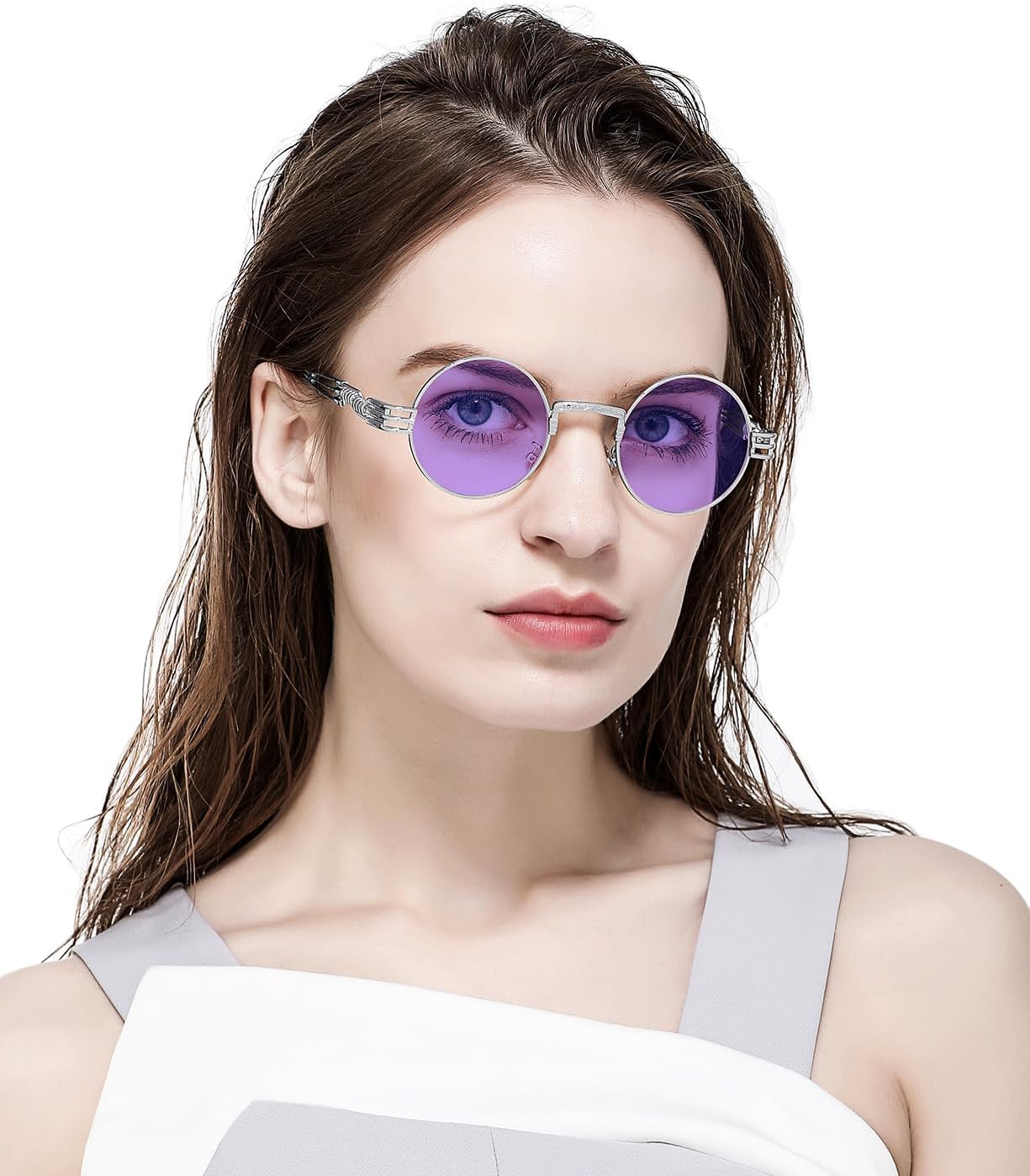AIEYEZO Round Steampunk Sunglasses for Men Women Retro Circle Hippie Glasses Metal Frame 100% UV Blocking Lens image 2
