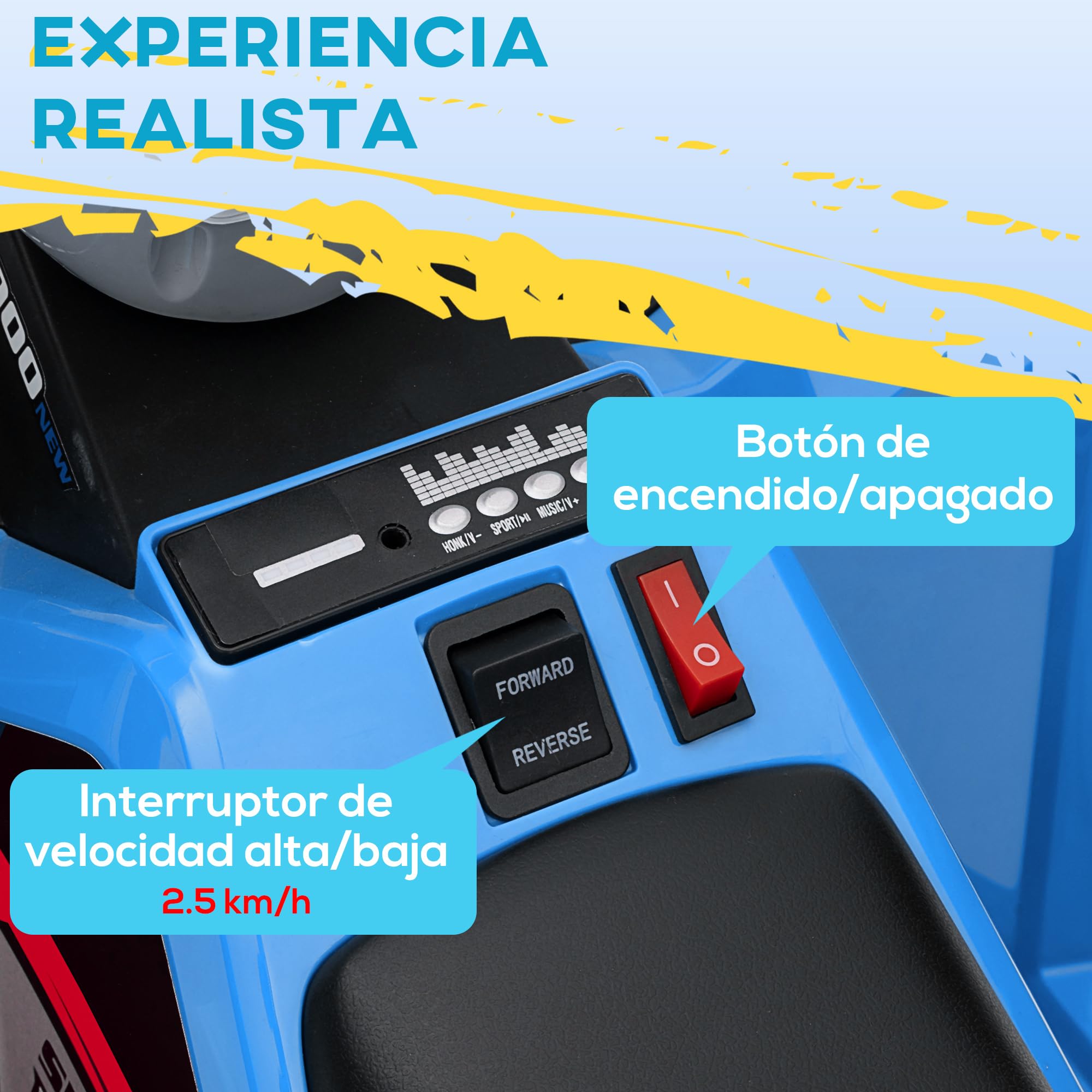 HOMCOM Quad Eléctrico para Niños con Remolque a Batería 6V, Quad para Niños de 18-36 Meses con Velocidad 2,5 km/h, 6 Ruedas y Manillar Antideslizante, 106x41,5x48,5 cm, Azul