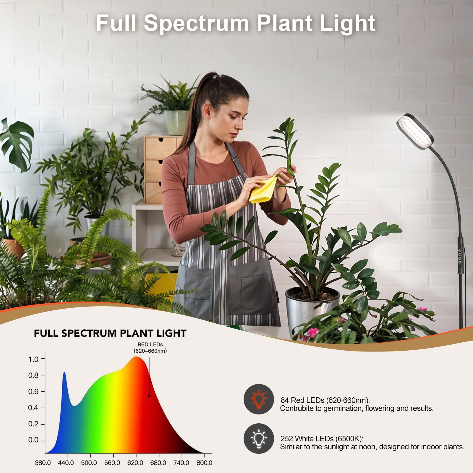 Mojimdo Lampe pour plantes 336 LED, lumière spectre complet 24W, 5 niveaux de luminosité, 3 hauteurs, cou réglable 360°, minuterie, idéal plantes intérieur
