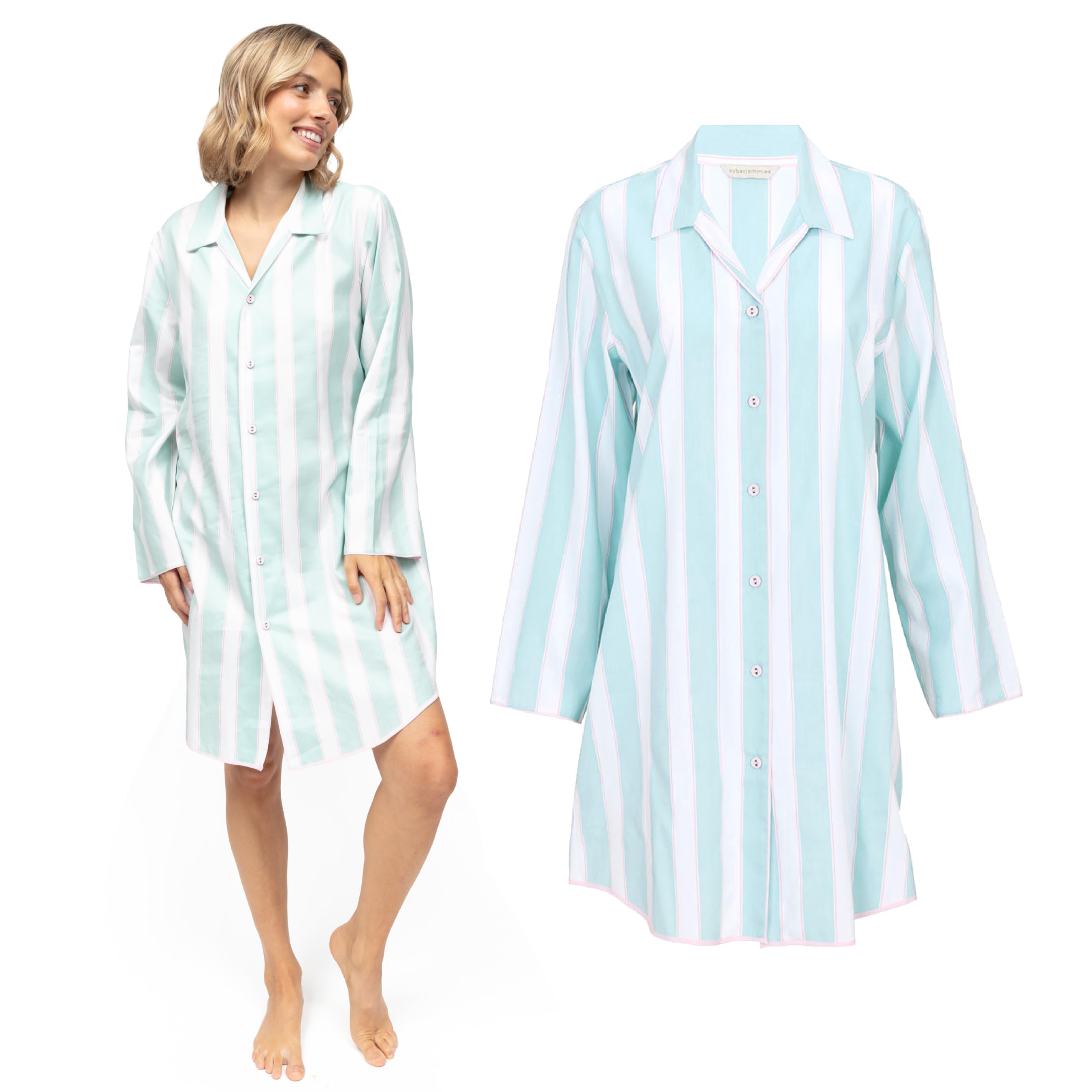Cyberjammies Francesca Womens Printed Stripe Nightshirt | Cotton Modal Nightdress with Collar | Ladies PJs Loungewear Set