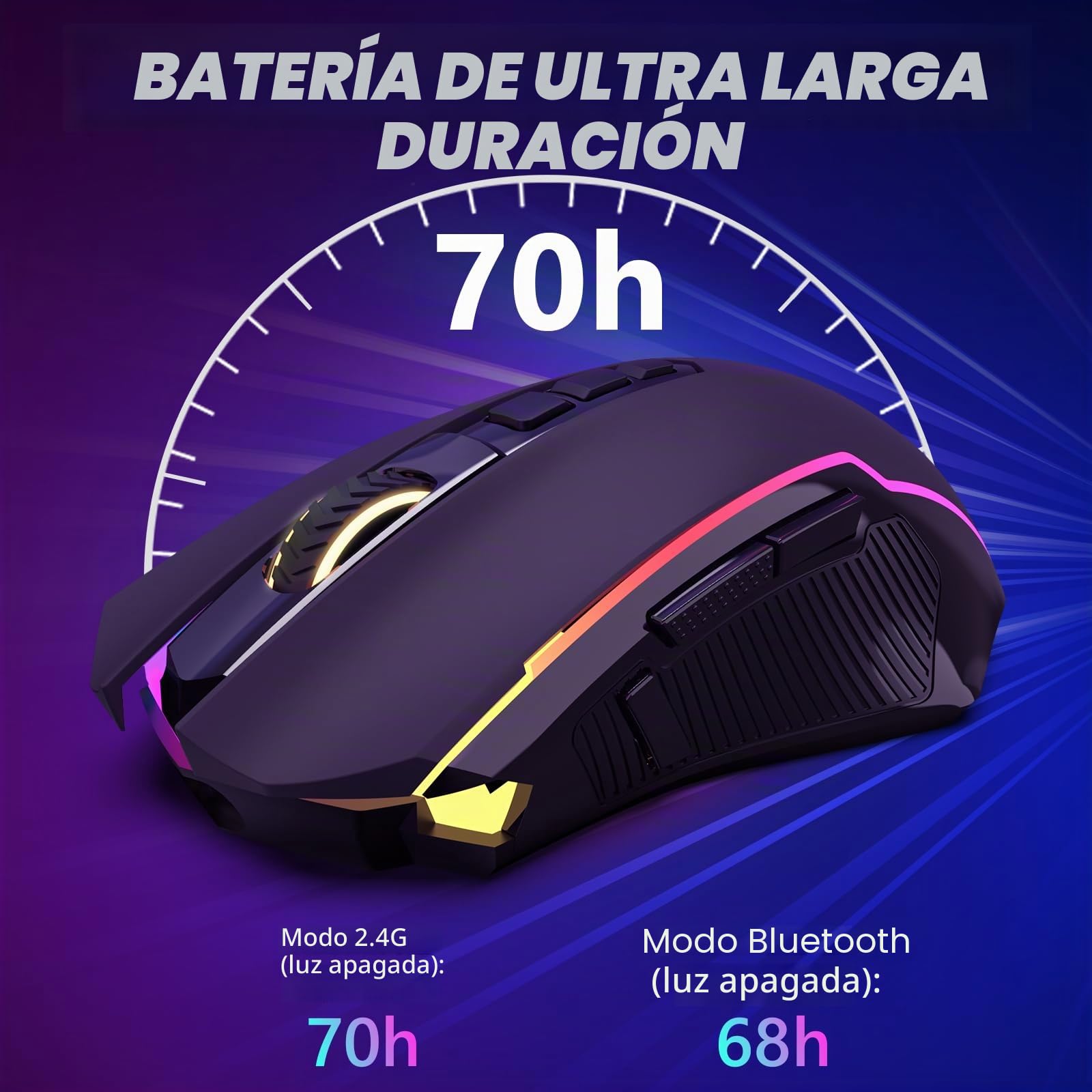 Redragon Ratón Gaming Inalámbrico, Tri-Mode 2.4G/USB-C/Bluetooth Raton Gaming, 10000 dpi y 6 Modos RGB Retroiluminado, 9 Botones Programables, Ratón Inalámbrico Recargable para Laptop/PC/Mac, Negro