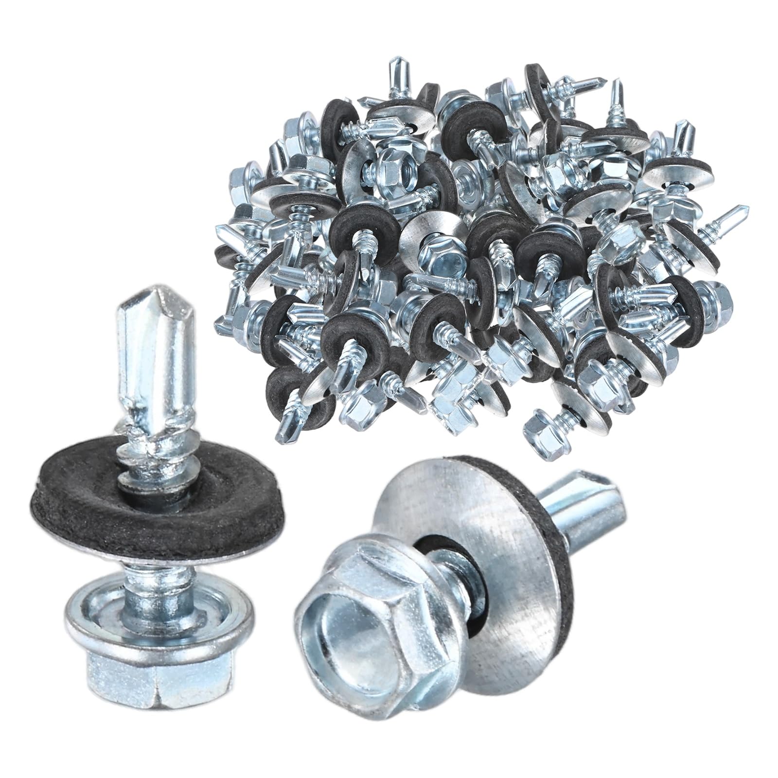M METERXITY 100-Pack Self Drilling Screws with Rubber Washer ST4.8 x 19mm Zinc Plated Carbon Steel Hex Head Self-Tapping Screws for Metal Roofing/Siding Panels/Steel Structures