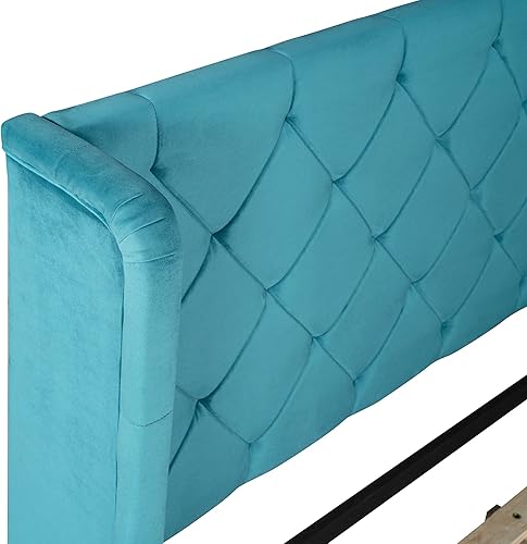 Miniatura 33 de Cama de almacenamiento moderna de madera, cama de plataforma tamaño Queen con un cajón grande, cama tapizada de terciopelo con cabecera trasera y