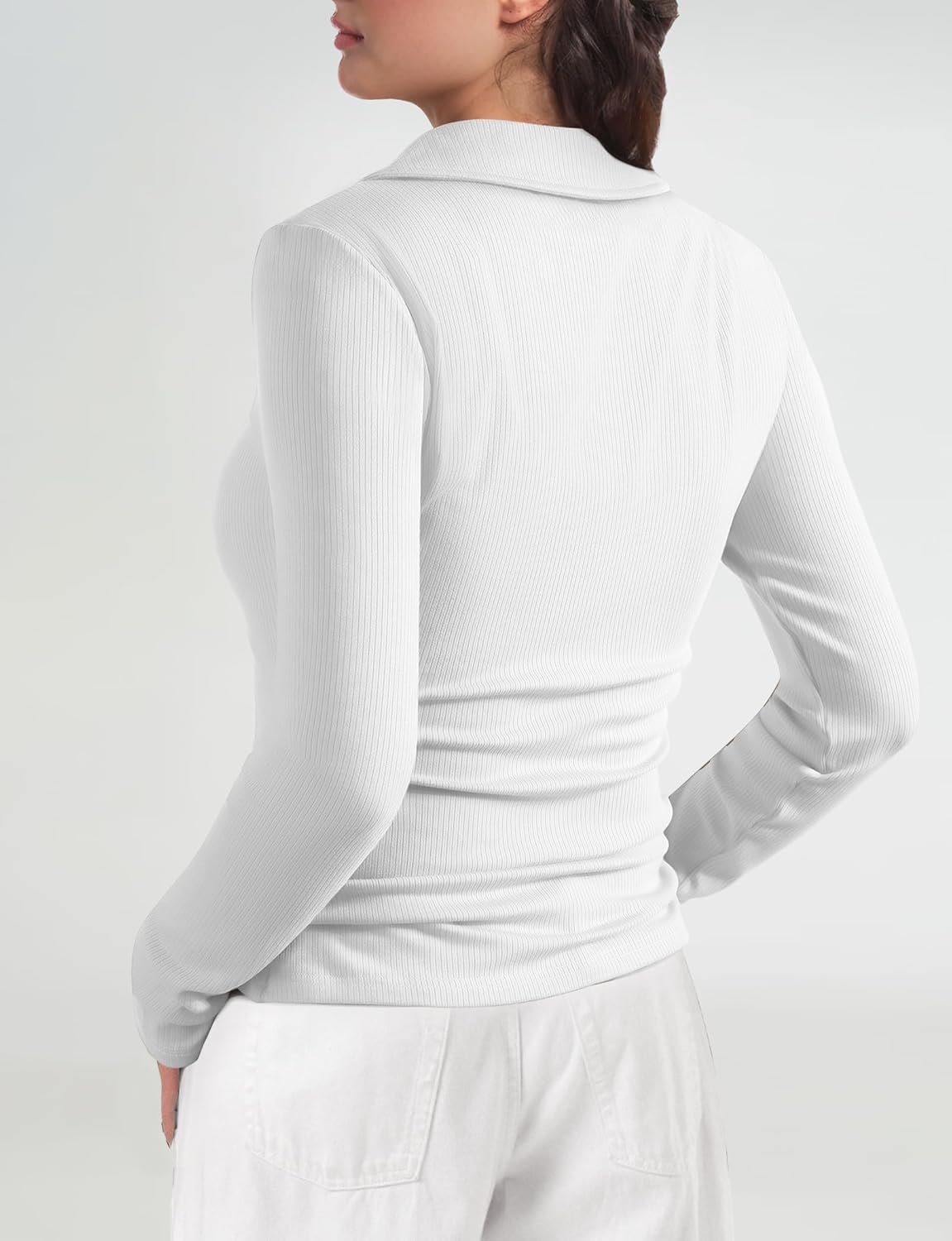 Long Sleeve Polo Shirts for Women V Neck Business Casual Work Tops Collared Shirts Slim Fit T-Shirts Fall Clothes Ladies Soft Ribbed Knit Work Shirts Trendy Fall Fashion Outfits, M, White - Image 3