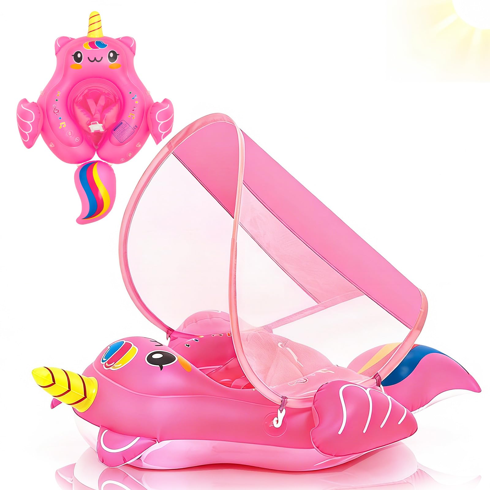 Newborn Baby Swimming Float with Canopy 10-24 Months Inflatable Baby Pool Float 1-2 Years,Hot Pink Unicorn Baby Inflatable Seat Swimming Ring Water Floats Swim Floats Ring for Toddlers Infant Babies