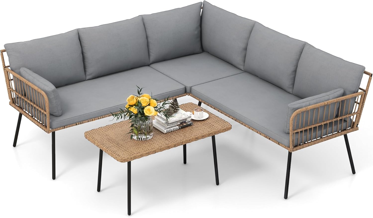 YITAHOME 4 Pieces Sectional Sofa Couch, L-Shaped Sofa with 5 Seater for Living Room, Detachable Lounger with Thickness Cushions and Side Table - Grey