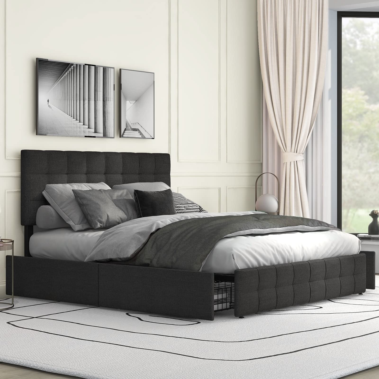 AMDXD Polsterbett mit 4 Schubladen & Federkernmatratze, Doppelbett mit Lattenrost, Stauraum Bett, höhenverstellbares Kopfteil Metalllattenstütze, Leinenmaterial 140 x 200 cm, Schwarz