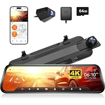 Wolfbox G930 10 Inch Rear View Mirror Camera with 5.8 GHz WiFi, Includes 64 GB Card | 4K Dash Cam Vorne und Hinten mit WDR, T