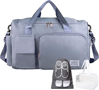 Travel Duffel Bag, Large Weekender Overnight Bag with Shoes Compartment, Personal Tote Bag for Women or Men, Waterproof Carry-on Bag with Clear Cosmetic Bag, Shoe Bag, 3Pcs Set (Blue)