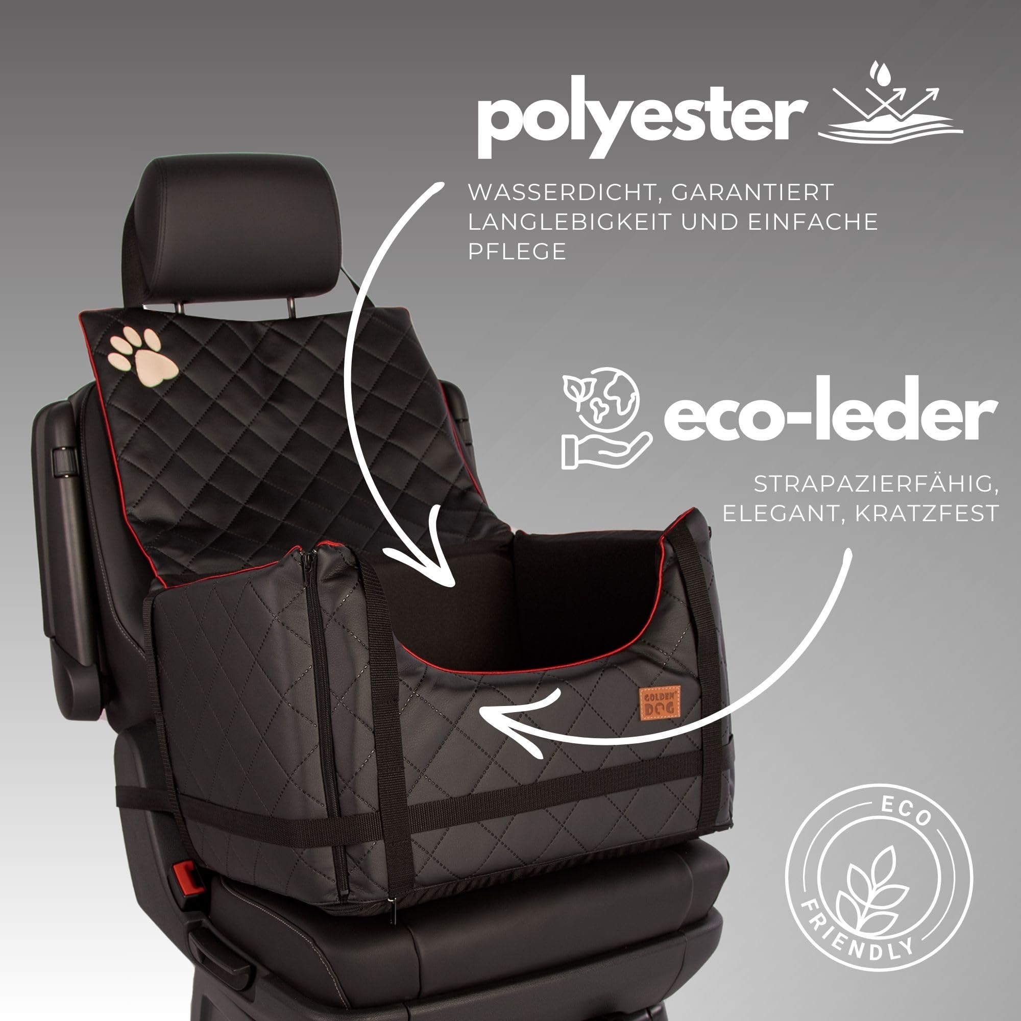 Golden Dog - Transportbox Hund mit Sicherheitsgurt L-65x53x27 cm - Leder Imitation Autositz Hund, Wasserdicht Hundesitz Auto - Beifahrersitz Hundebox Faltbar - Anschnallgurt Hundekorb Auto,Schwarz