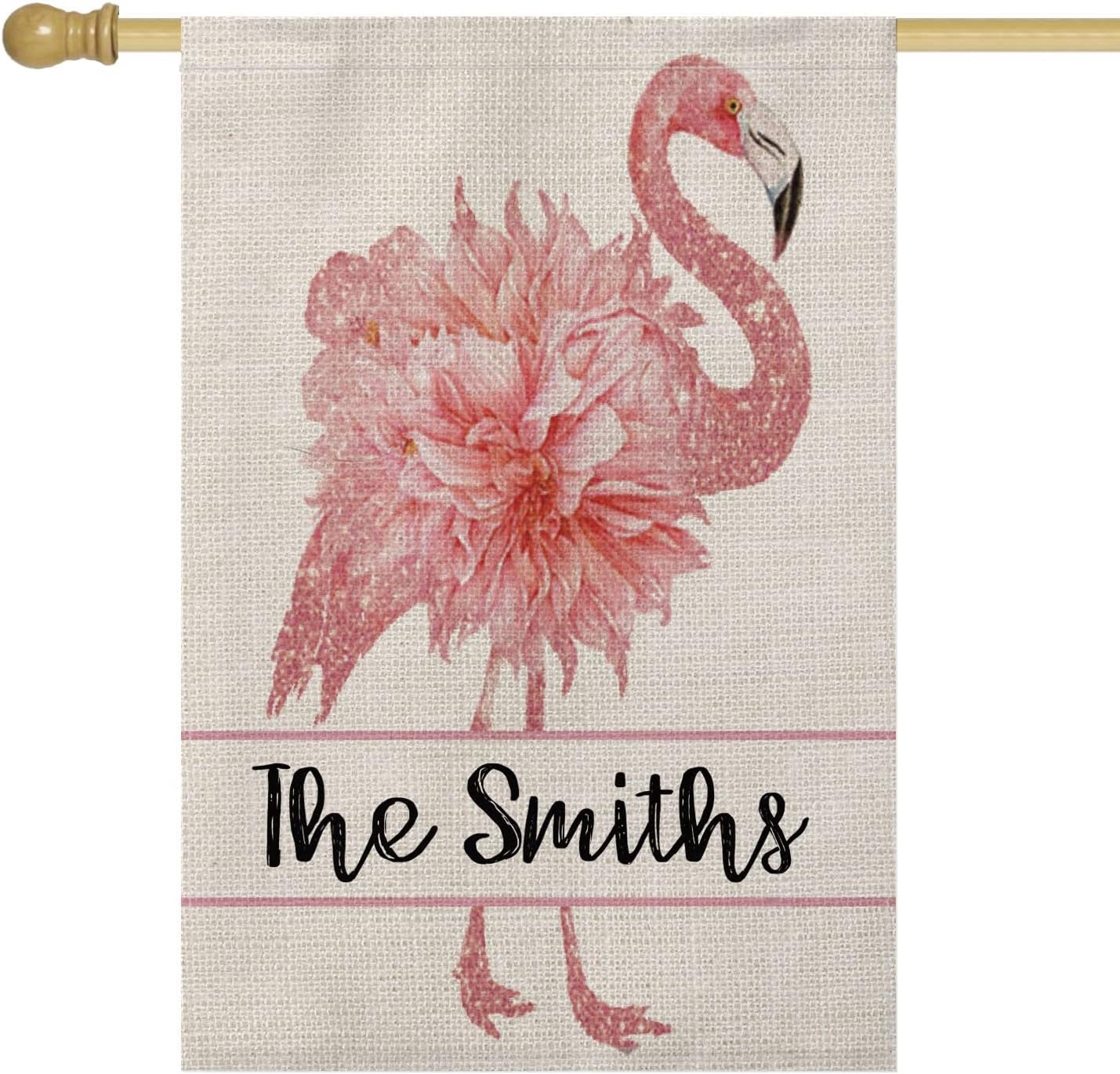 Smile Personalized Summer Spring House Flag, Flamingo Customized Family Name Pink Hawaii, Double Sided 28 x 40 Inch Rustic Farmhouse Burlap Yard Outdoor Decoration