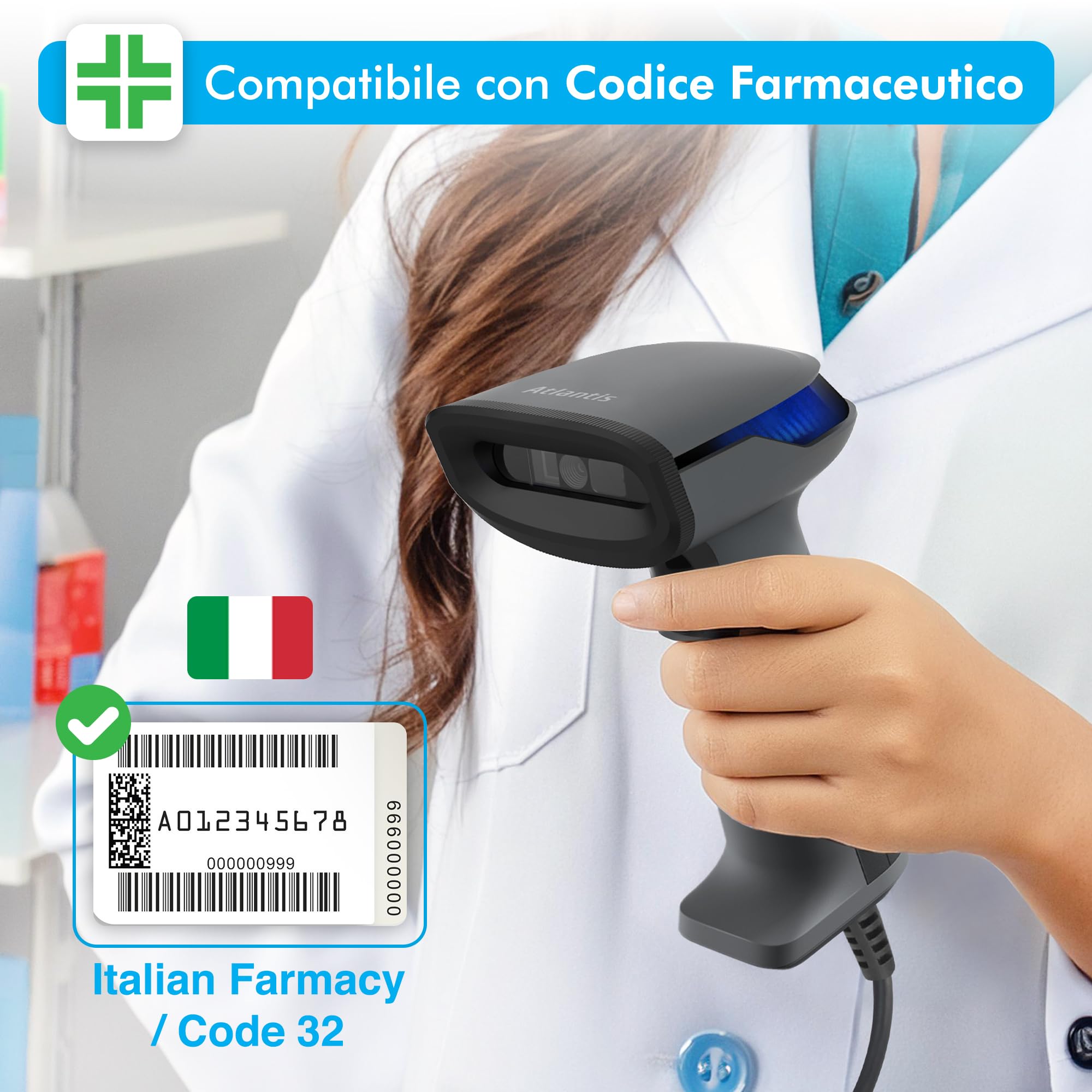 Atlantis A08-LD230P-2D Lettore Codici a Barre Barcode reader scanner 1D e 2D Ottico Prof (640x480), 60 fps, legge da smartphone e display, codice farmaceutico, collegamento USB, guida rapida