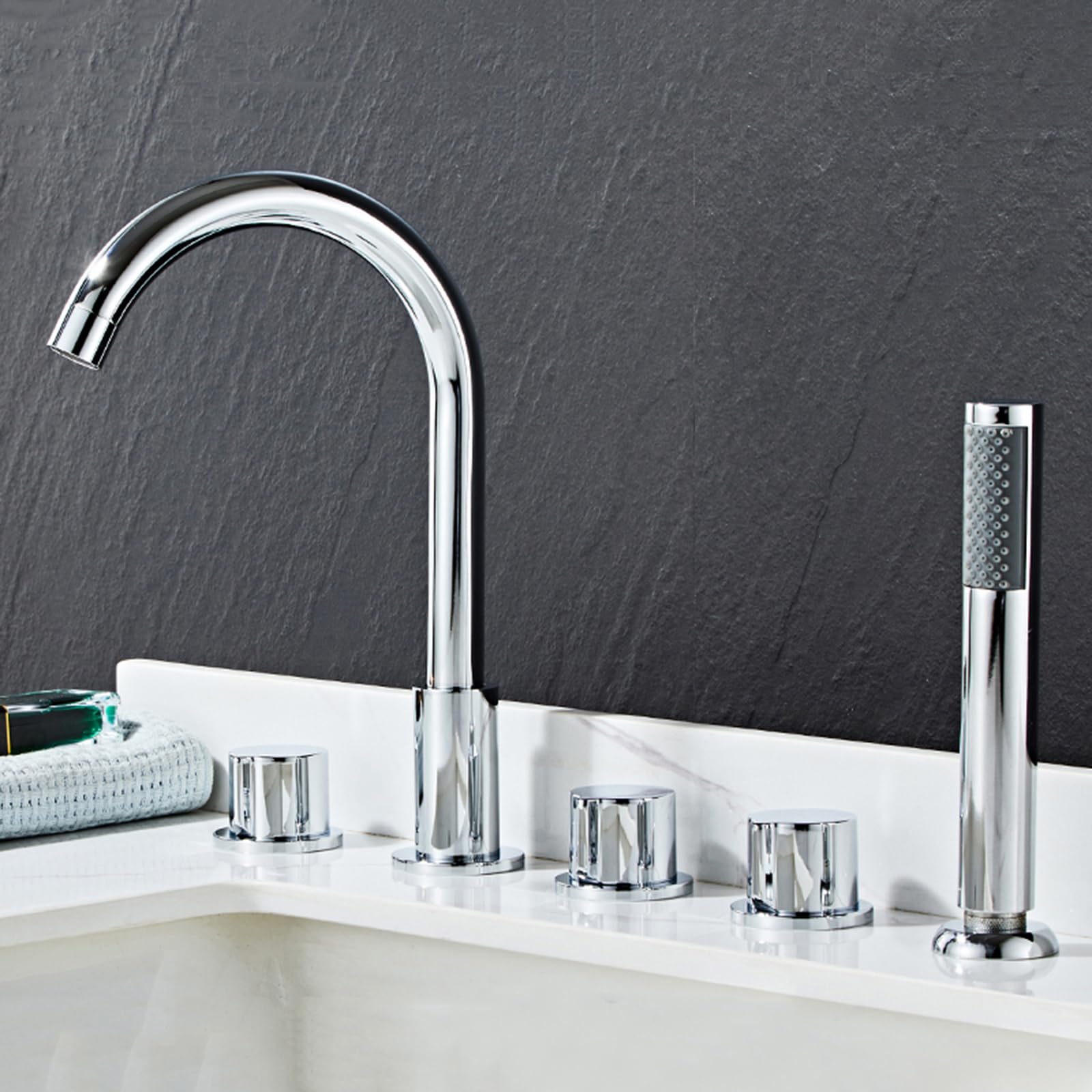 SnamicE Bath Shower Mixer Taps Deck Mounted Spout Rotating Tap Shower Head and Hose Set for Bath Taps Black,Chrome