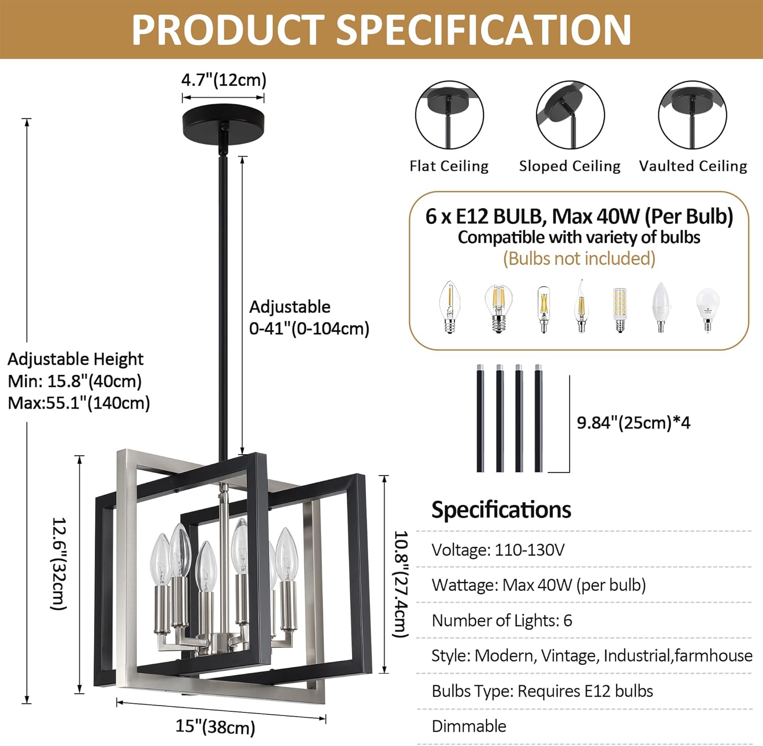 ANKYLHUA Small Black and Nickel Chandelier, 6-Lights Modern Pendant Light Fixture, Dining Room Light Fixture Geometric Chandeliers Industrial Hanging Lights for Kitchen Island Entryway Hallway Foyer