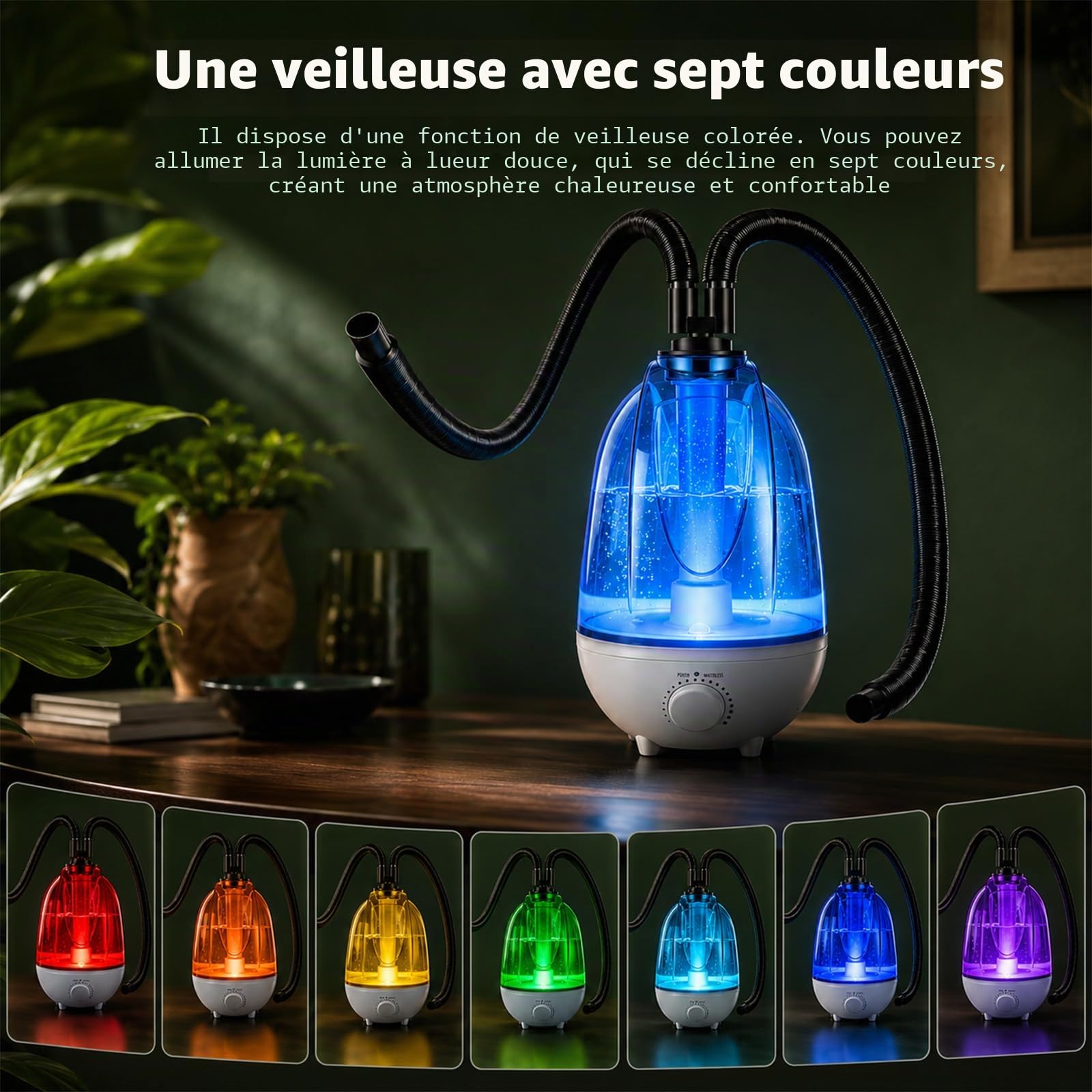 Brumisateur Terrarium 4L, Système de Brumisation 300mL/h avec Tuyau Réglable, 7 Couleurs de Veilleuse, Protection Anti-fonctionnement à Sec, Ultrasonique Humidificateur pour Reptiles Double Buse