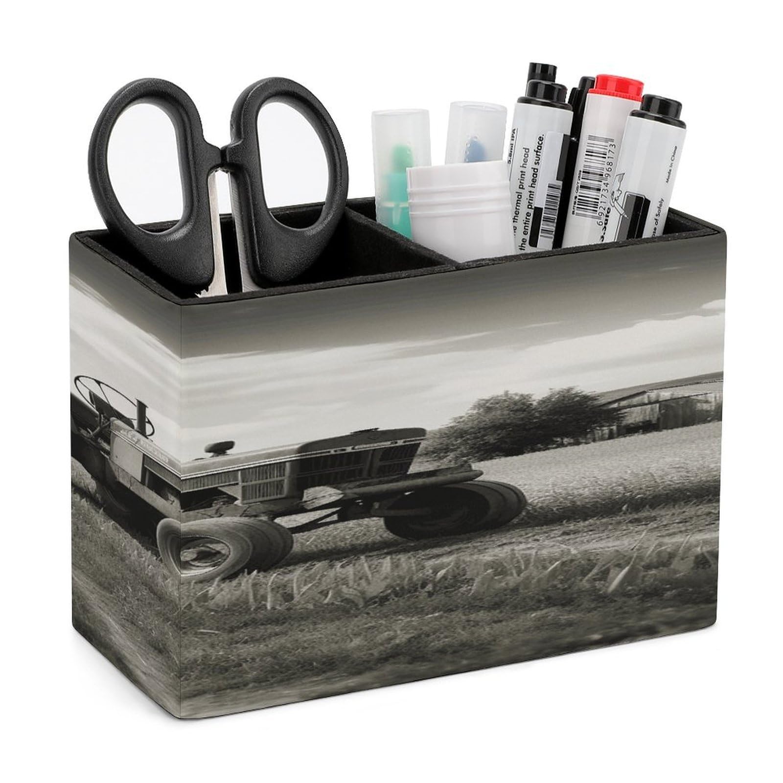 VstaDank Tractor Agriculture Tranquil Pencil Holder for Desk Organizer 2 Compartments Pen Cup Leather Square Pen Holder Pencil Cup Stand Makeup Brush Holders for Desktop Organizer Storage Case